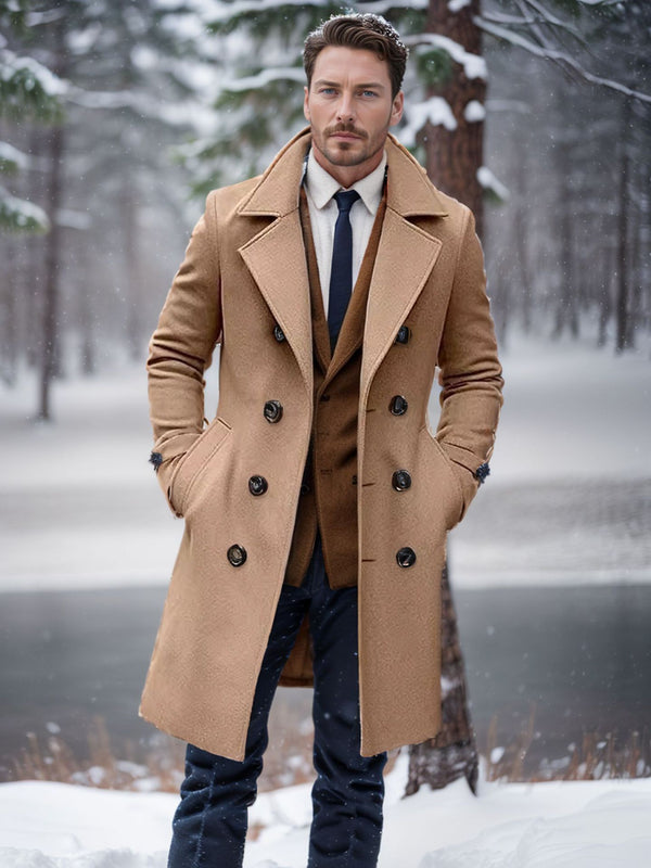 Mid-length Double-breasted Men's Slim-fit Woolen Coat