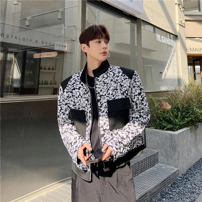 Men's floral black-and-white jacket with zip front and four-panel pocket design