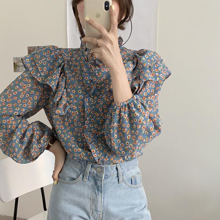 French Retro Floral Blouse Women Wood Ear Shirt Women - WOMONA.COM