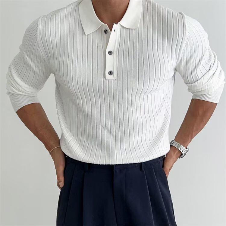 Lapel Button Long Sleeve Polo Shirt - WOMONA.COM
