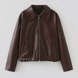 Solid Color Square Collar Leather Jacket Coat - WOMONA.COM