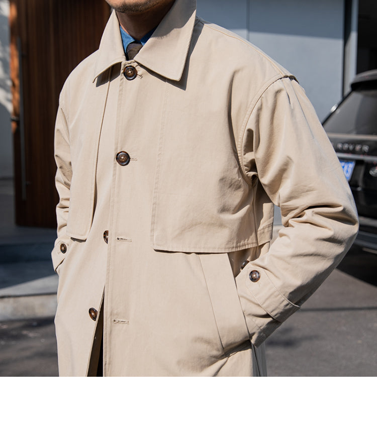 Vintage Cotton Long Trench Coat Lapel Men's Coat - WOMONA.COM