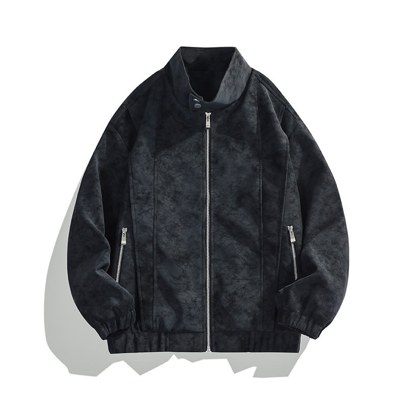 Men's biker-style jacket in black with stand collar, full zip, side zippers, ribbed hem
