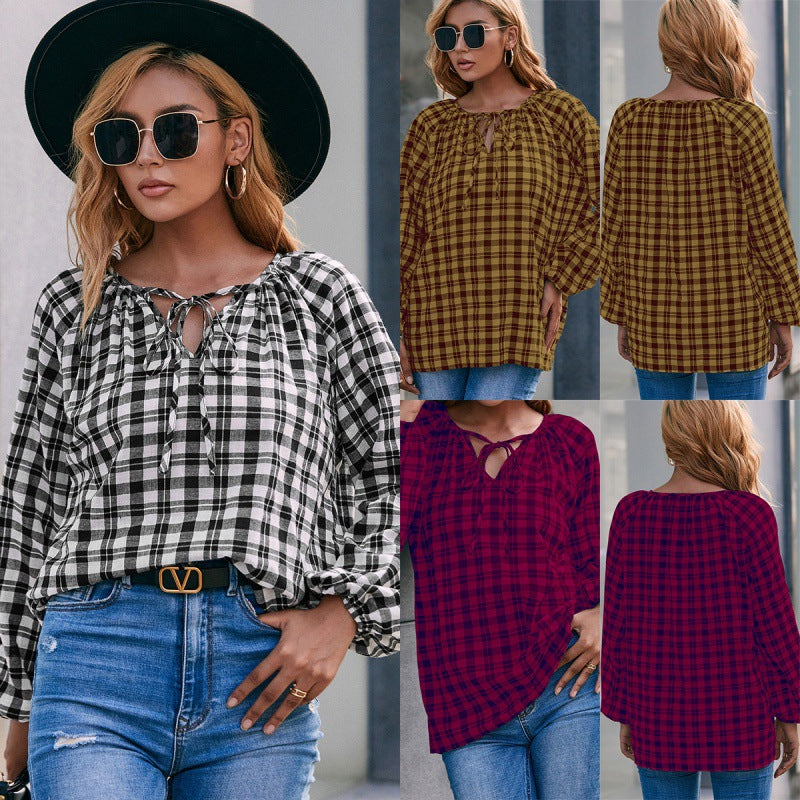 Women's plaid V-neck tie-front shirt