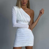 Slim-fit Pleated One-shoulder Long Sleeve Narrow Dress - WOMONA.COM