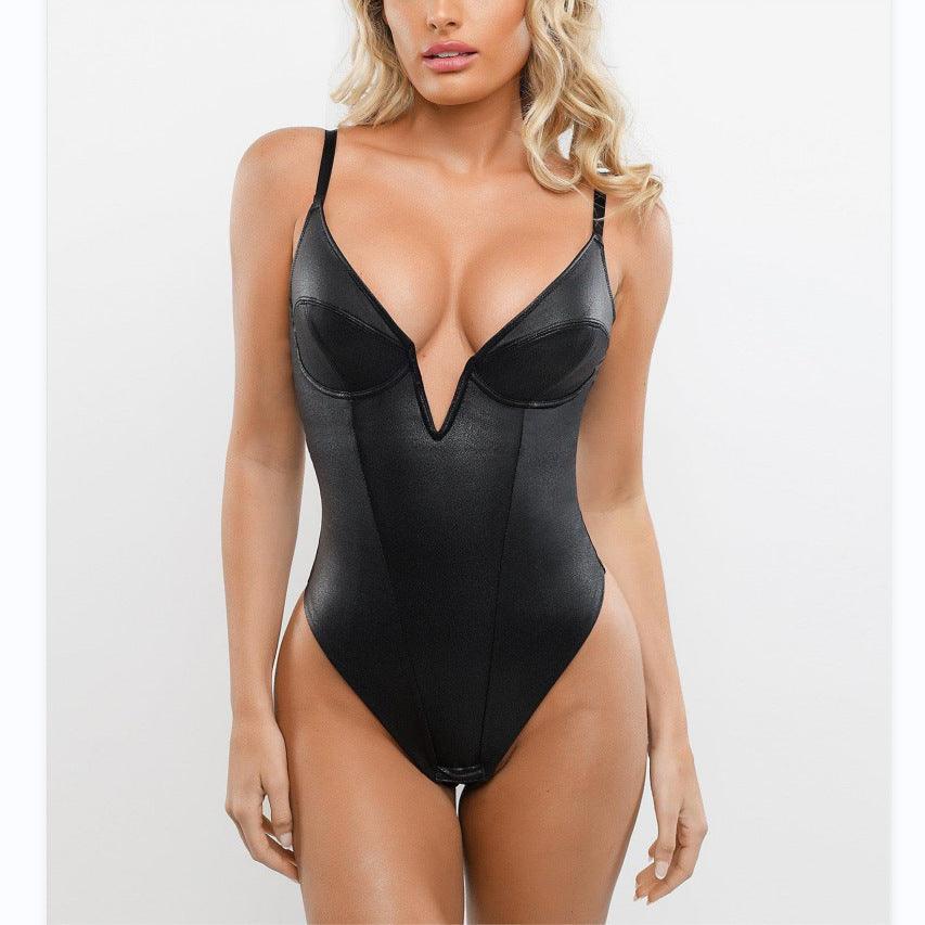 Black leather deep V-neck slim-fit jumpsuit with underwired bust and thin straps
