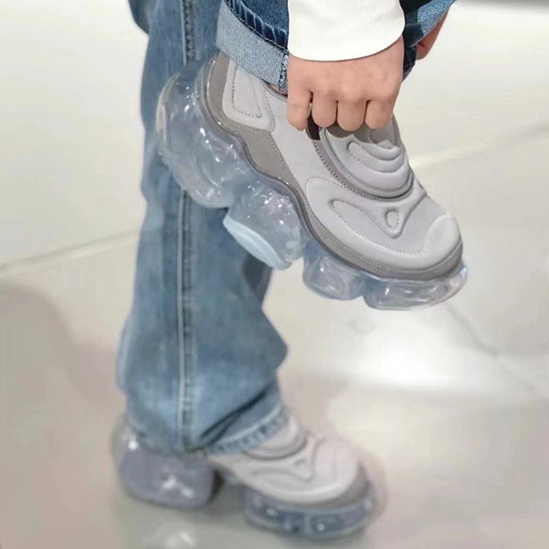 Light gray mesh casual shoes with hook-and-loop straps and clear air-cushioned sole