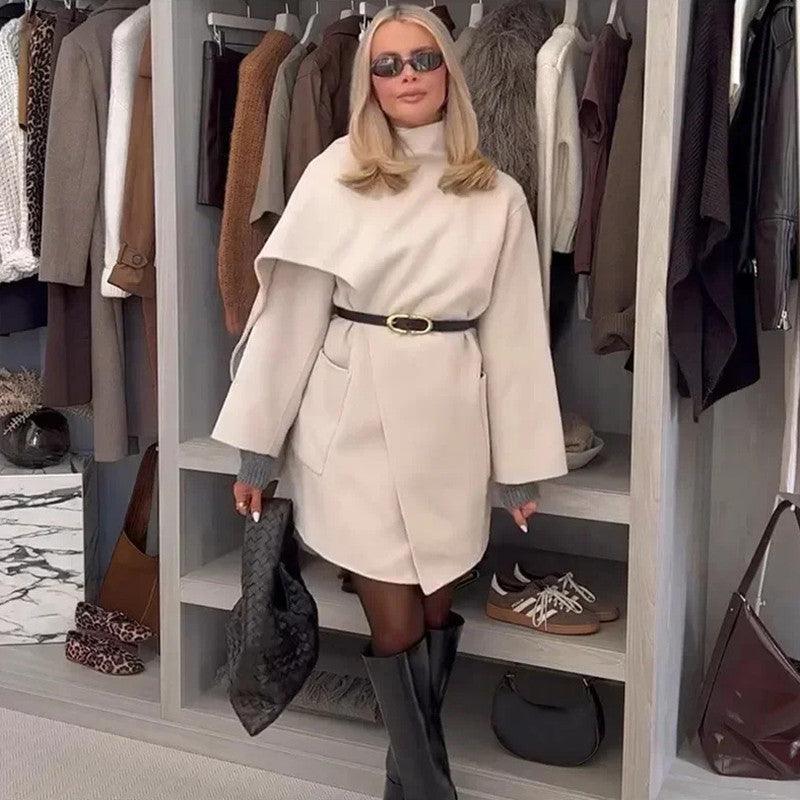 Milky white women's wool coat with high collar and belt with gold buckle