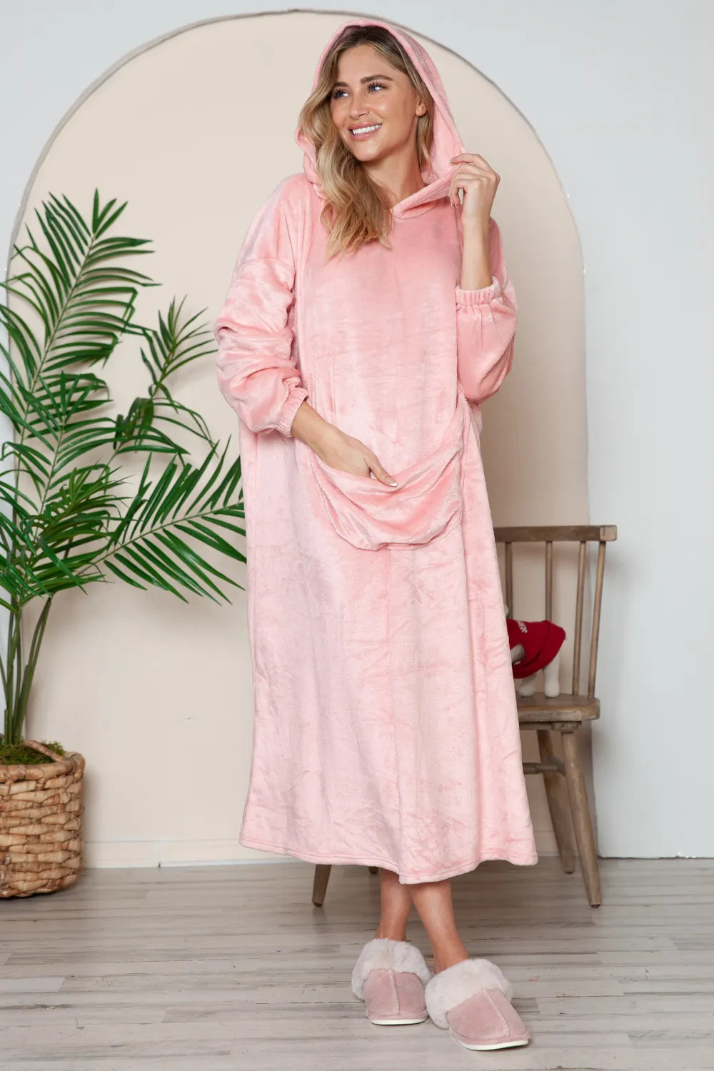 Women's Hooded Midi Lounge Dress with Pockets – product view 1 | WOMONA