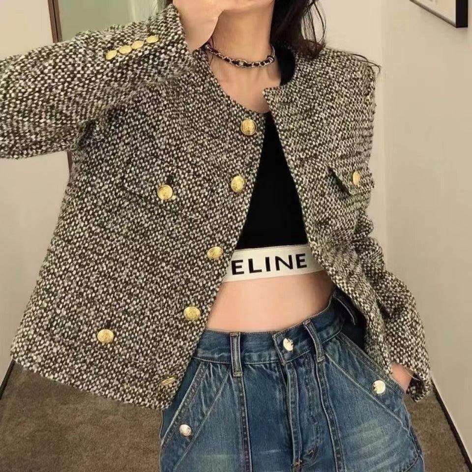 Women's short tweed coat with gold-button front and notch lapels