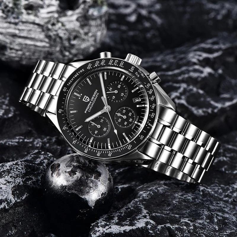 Quartz multifunction calendar waterproof wristwatch with black dial and silver metal bracelet