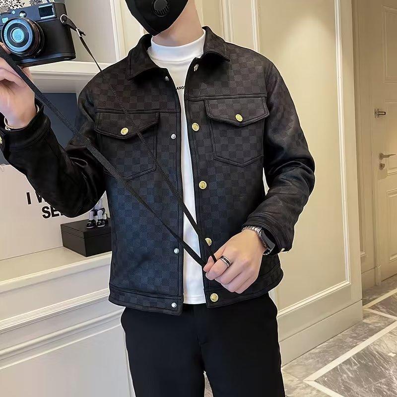 Black check-pattern men’s collar jacket with snap buttons and two flap chest pockets