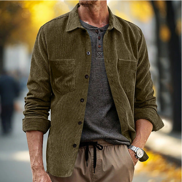 Men's corduroy shirt jacket, army green, long sleeves, button front, chest pockets, lapel collar.