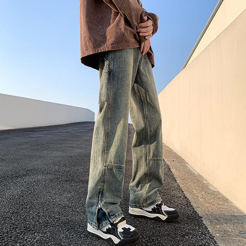 Men's Loose Straight Split Flared Trousers - WOMONA.COM