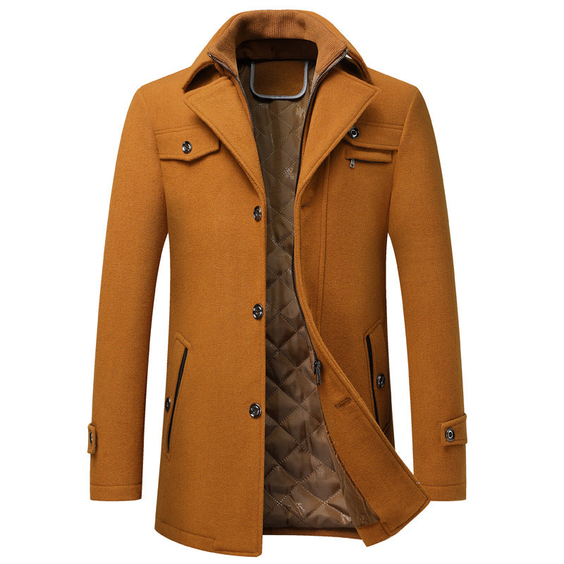 Camel wool overcoat jacket with quilted inner lining, button front, flap pockets