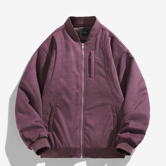 Purple functional baseball jacket with full-zip front and stand collar.