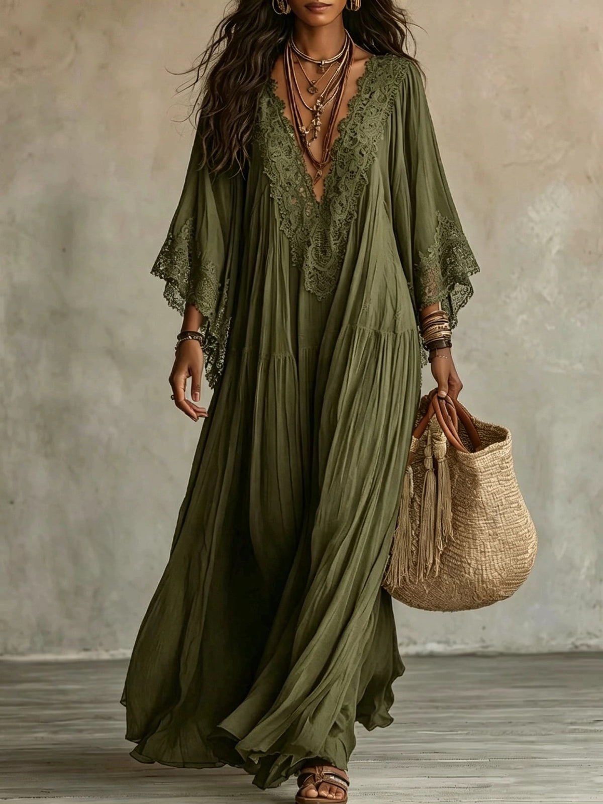 Women's long-sleeve lace-trim V-neck maxi dress – product image 11