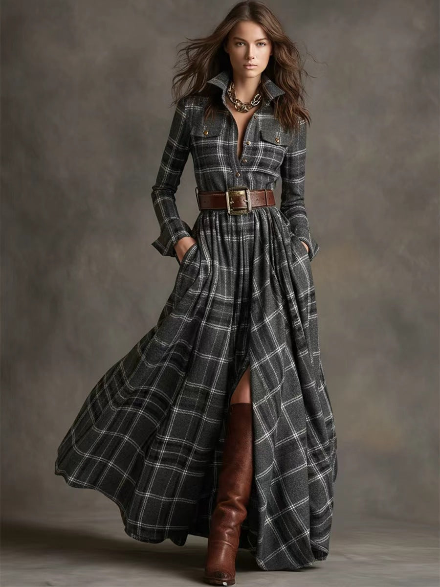 Women's plaid button-front long shirt dress