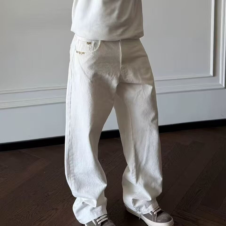 High-waisted straight-leg casual pants in off-white, loose fit with ankle-length hem