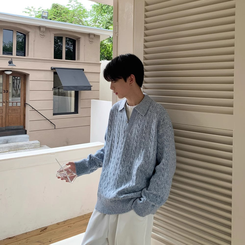 Men's Herringbone Polo-Collar Knit Sweater, Blue - product view 2