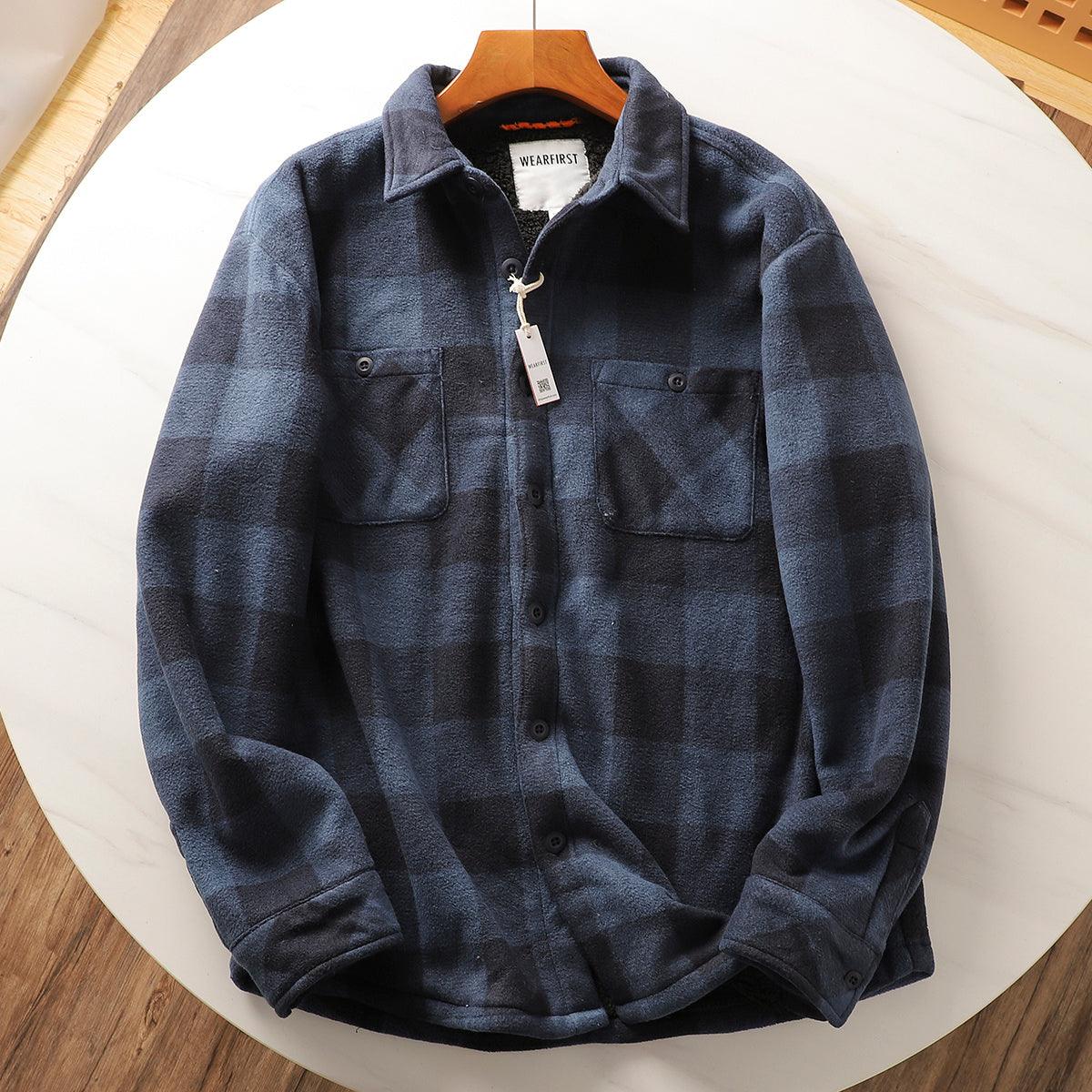 Dark blue cotton-padded coat with stand collar, full button placket, chest pockets