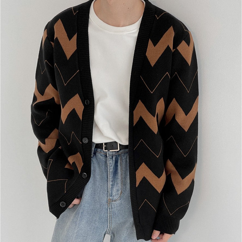 Wave Pattern Cardigan Sweater Men