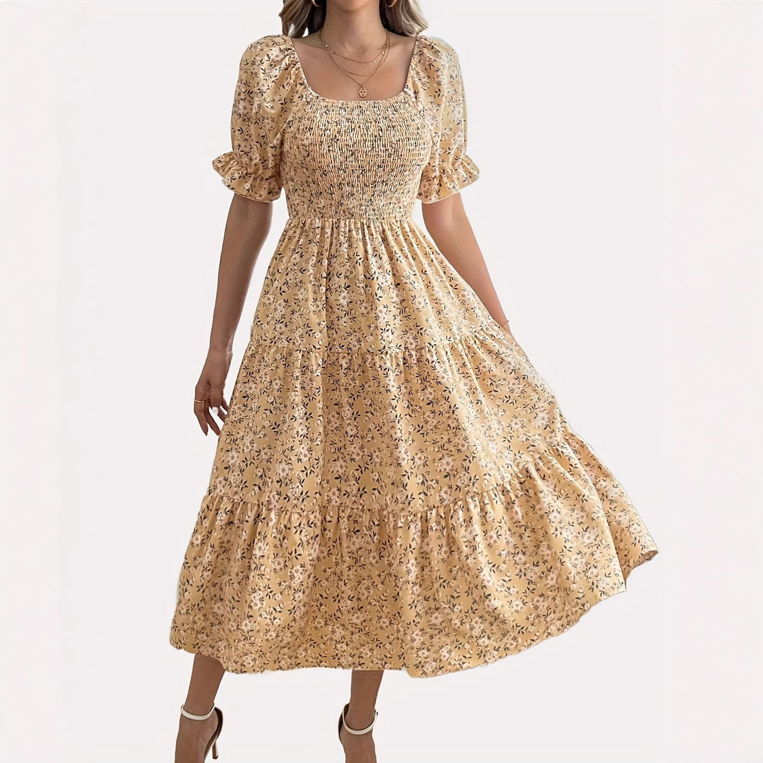 Khaki floral long casual dress with puff sleeves, square neckline, gathered tiered skirt