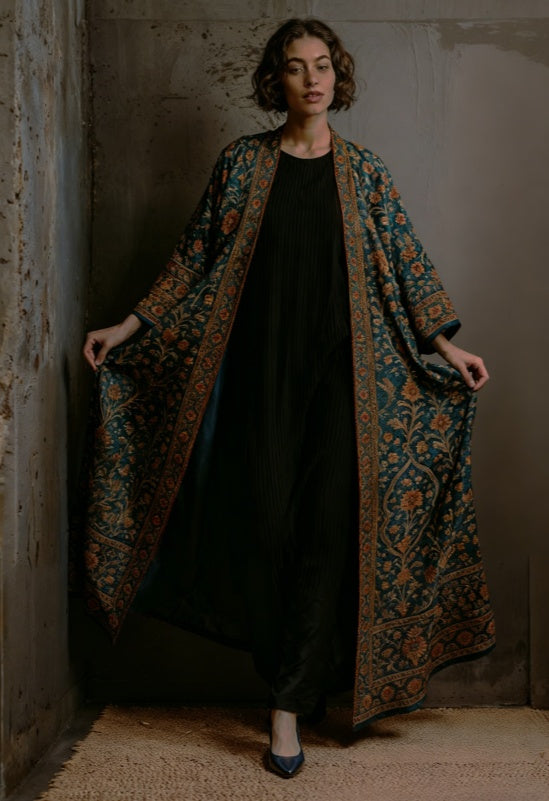 Long open-front printed cardigan in teal and orange, flowing maxi length