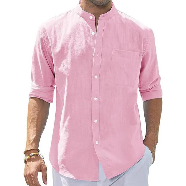 Camisa de algodón de color liso con cuello alto y manga larga para hombre