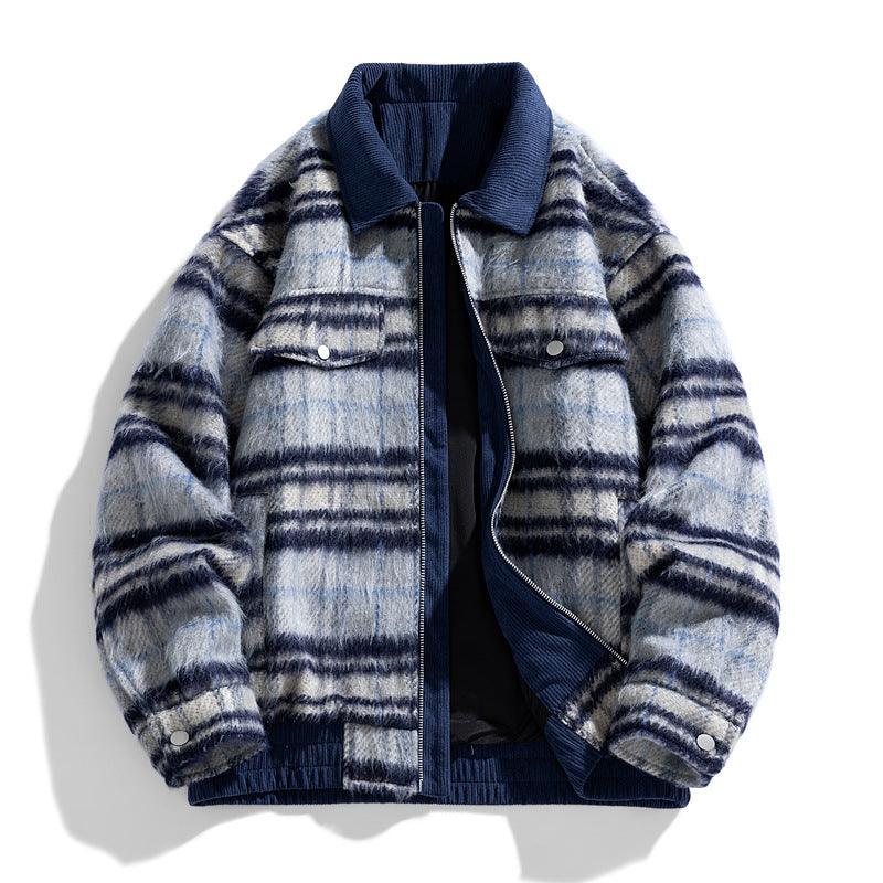 Women’s plaid wool coat with cotton padding, blue collar, zip front, snap chest pockets
