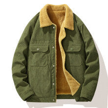 Army green corduroy jacket with tan sherpa lining, snap buttons, and chest flap pockets