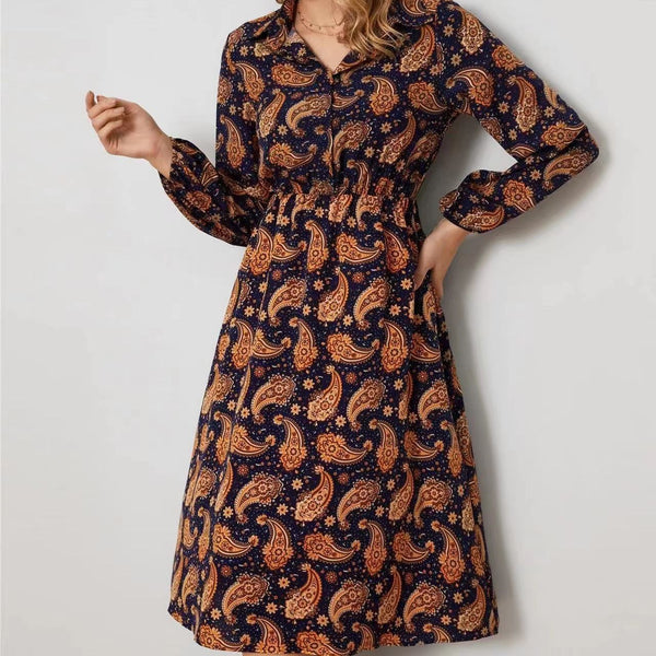 Women's Polyester Casual Long-sleeved Floral Shirt Dress - WOMONA.COM