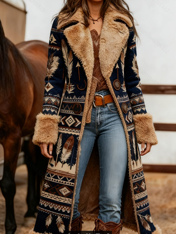 Women's wool overcoat, dark with geometric aztec pattern and sherpa trim, long sleeves