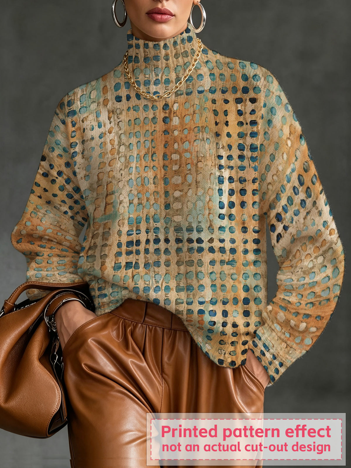 Women's Abstract-Print Mock-Neck Sweater, Gold / Teal - product view 7
