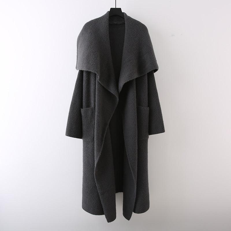 Long knitted cardigan coat, dark gray open front with shawl collar and side pockets