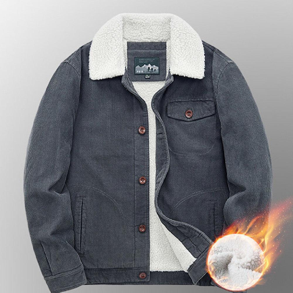 Men's corduroy jacket, dark gray with sherpa-lined collar and snap front pockets