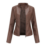 Biker Oversized Stand Collar Leather Jacket - WOMONA.COM