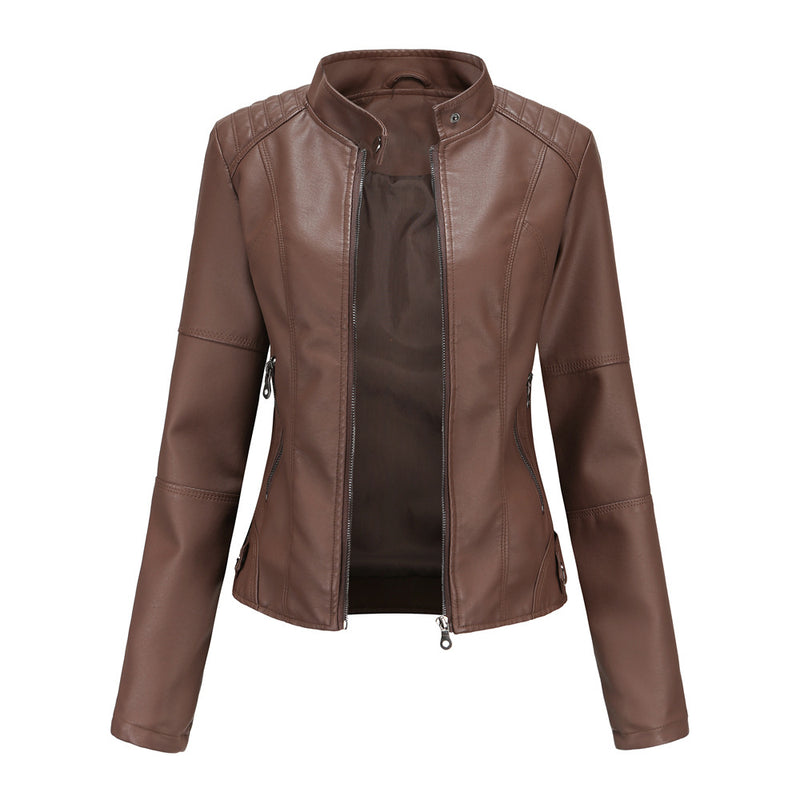 Biker Oversized Stand Collar Leather Jacket - WOMONA.COM