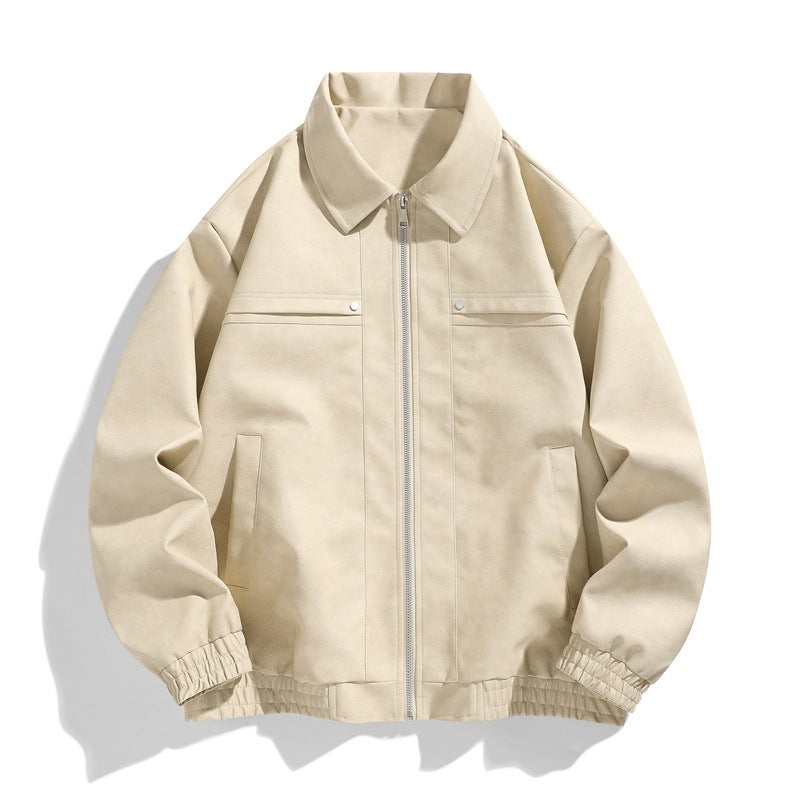 Men's lapel-zip PU leather jacket, light beige with front zip and ribbed cuffs