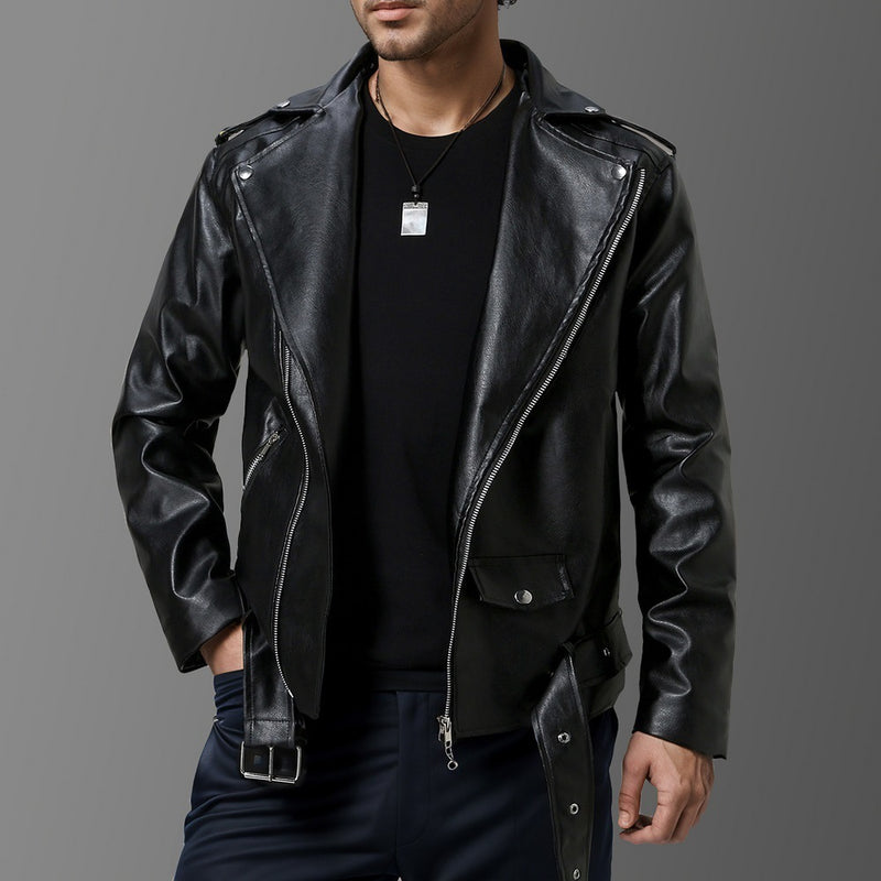 Slim-fit Lapel Leather Jacket - WOMONA.COM