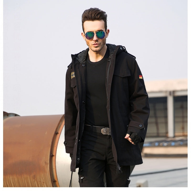 Men's Military Fan Trench Hooded Stand Collar Cotton Coat