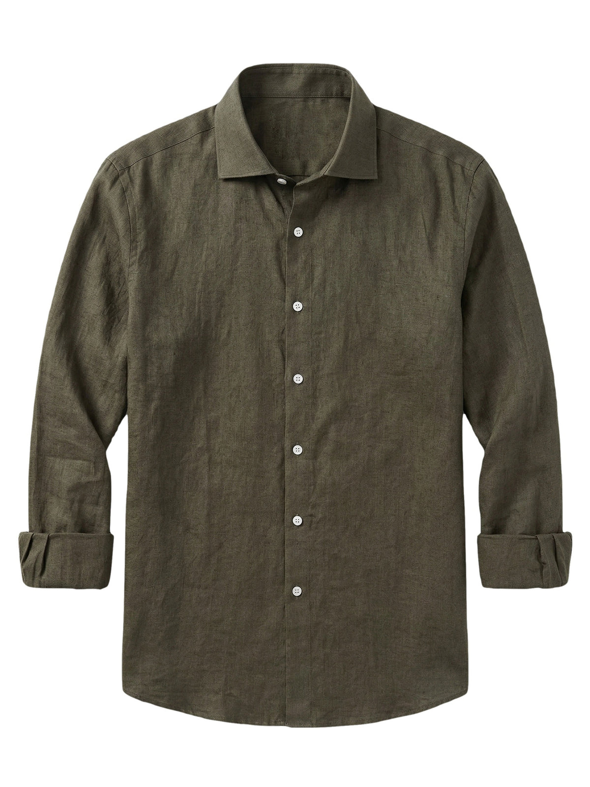 Olive green linen long-sleeve button-up shirt, pointed collar, button front.