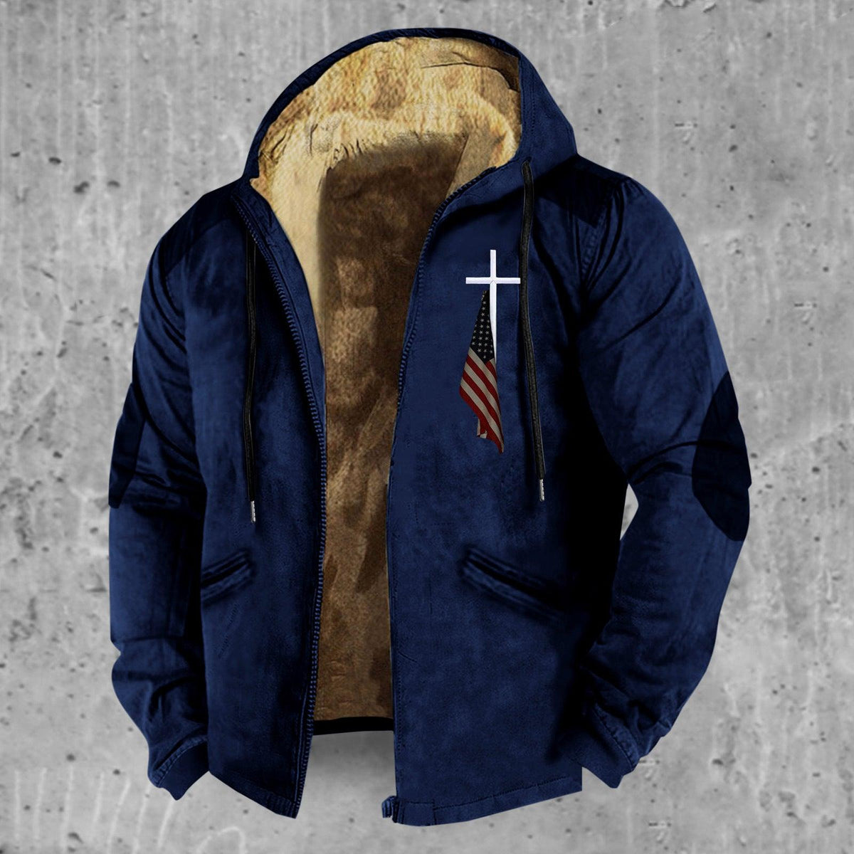 Blue hooded zip-up cotton-padded jacket with tan faux shearling lining and side pockets
