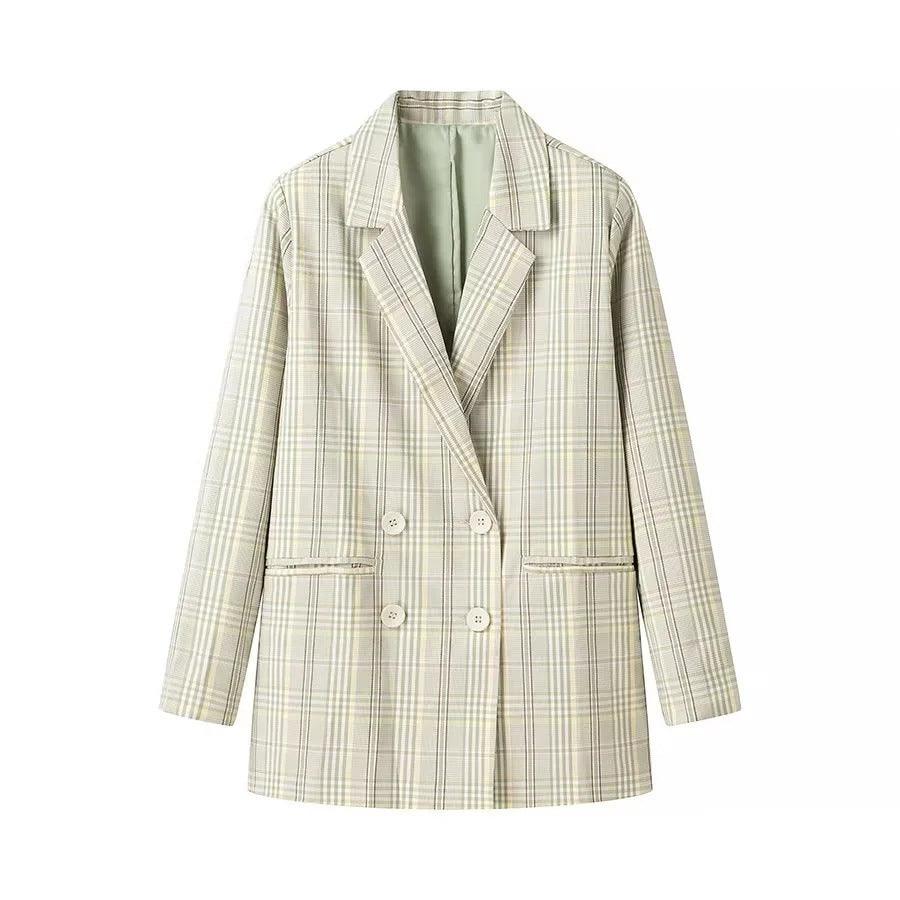 Light green plaid blazer with notch lapels, double-breasted front, and flap pockets.