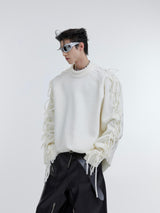 Deconstructed Fringe Design Crease Crease Neck Knit Sweater - WOMONA.COM