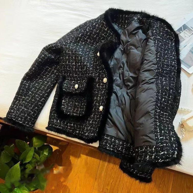 Black textured tweed coat with gold buttons, patch pockets, fuzzy trim, quilted inner lining