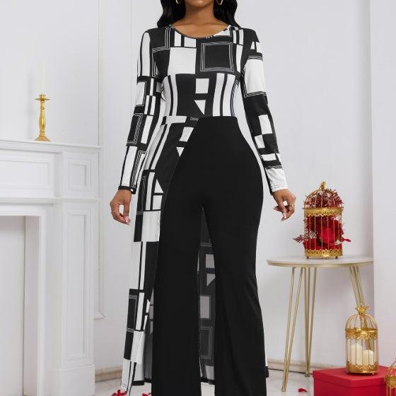 Front-view black jumpsuit with white geometric sleeves and wide-leg black panel