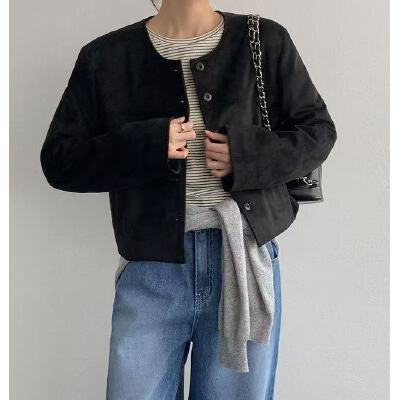 Women's Suede-Look Slim Button-Front Jacket, Black - product view 8