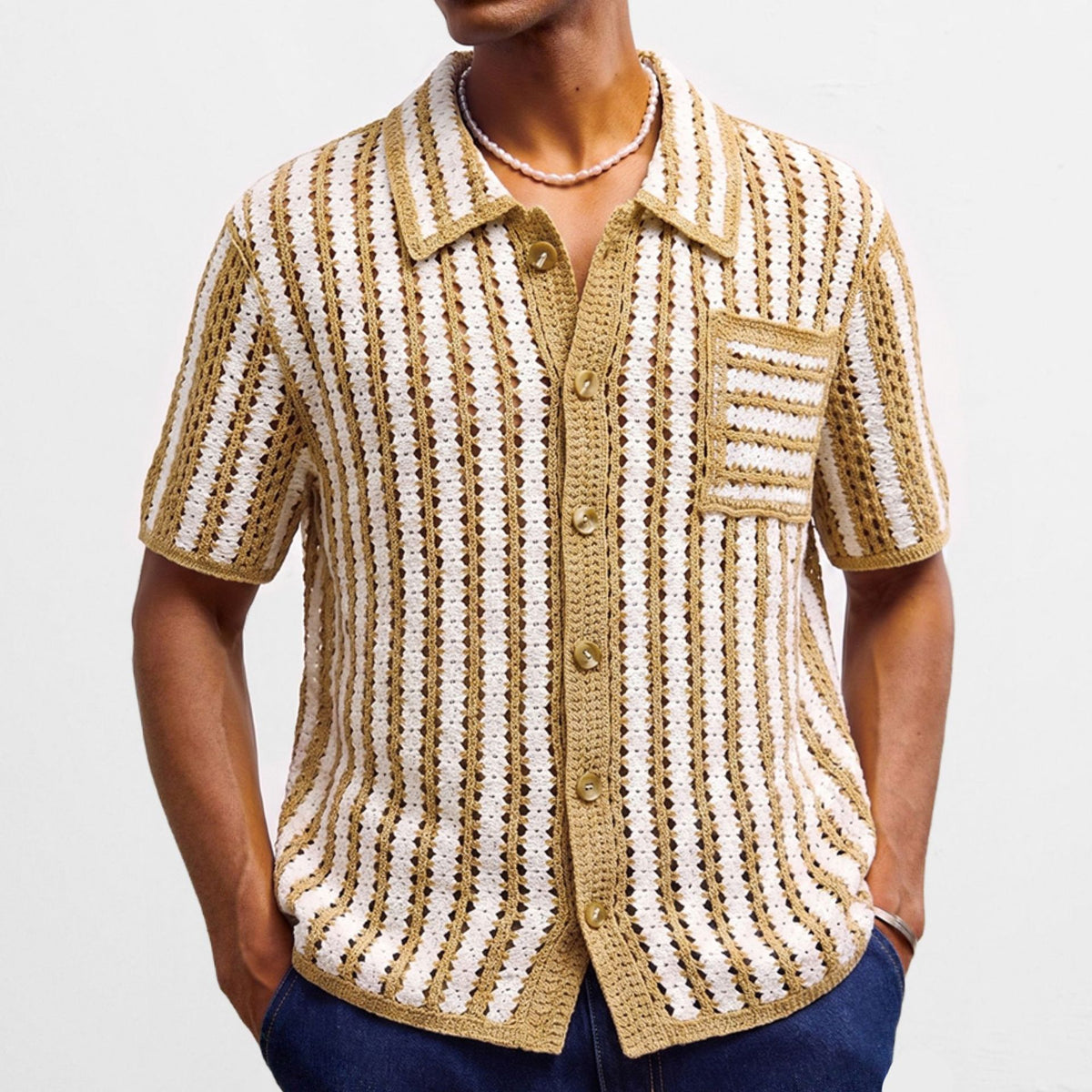 Men's khaki striped hollow-out knit sweater with buttoned V-neck, short sleeves