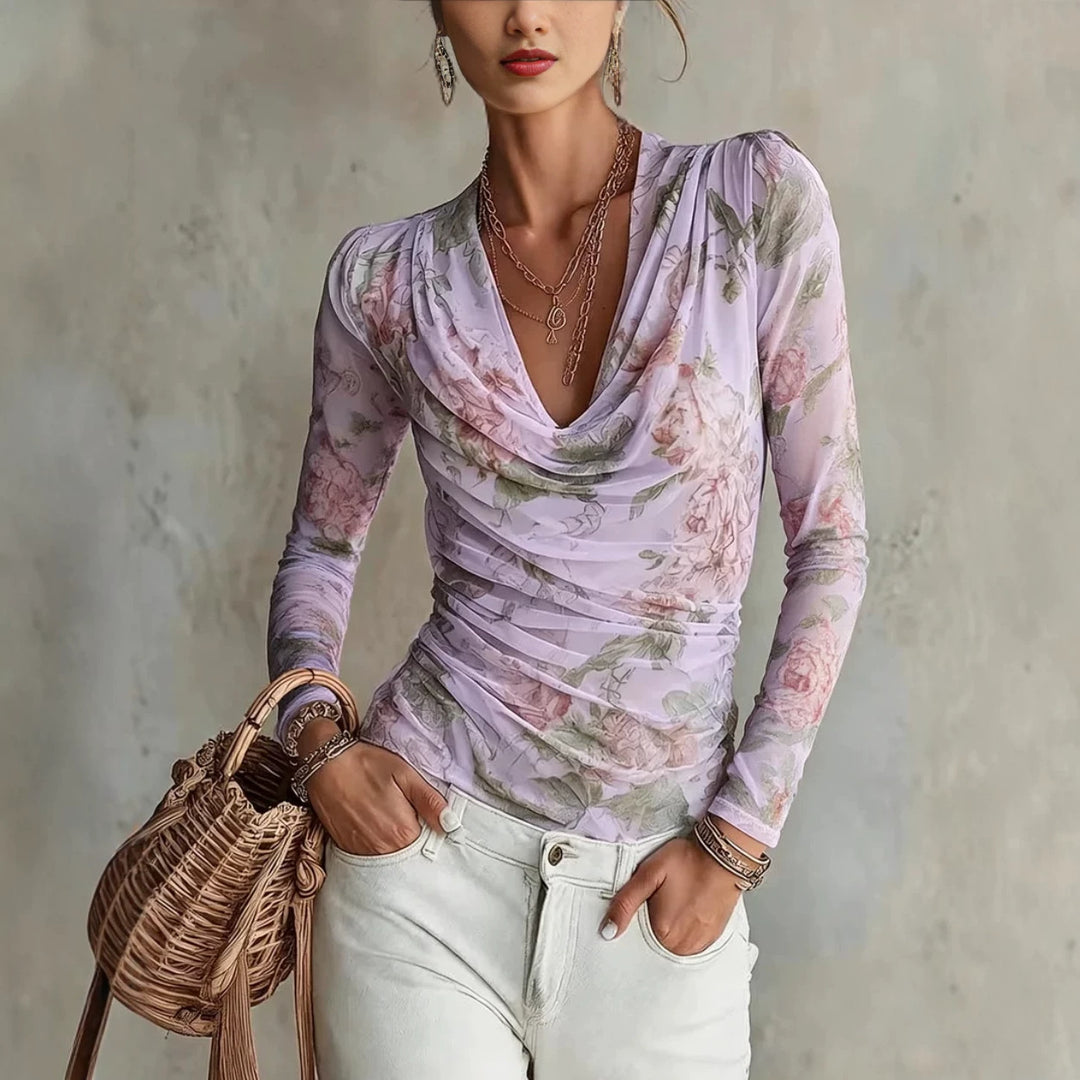 Ruched off-shoulder V-neck long-sleeve floral top with cinched waist, lavender/pink